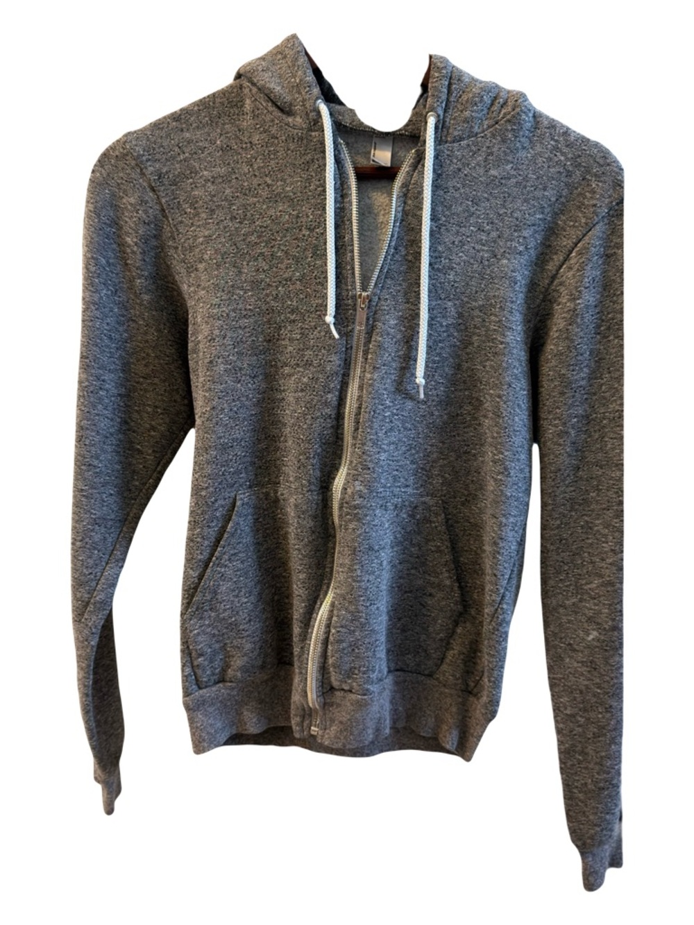 American Apparel Heather Gray Zip-Up Hoodie with White Drawstrings